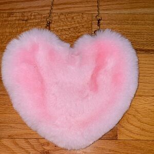 Fuzzy pink heart bag with gold chain